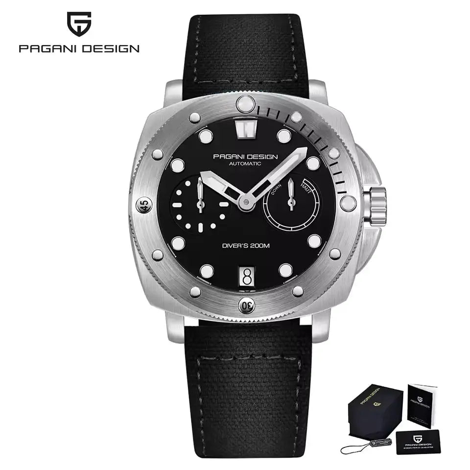 Pagani Design men's automatic diver watch with black dial, AR sapphire, stainless steel case, 200M water resistance.