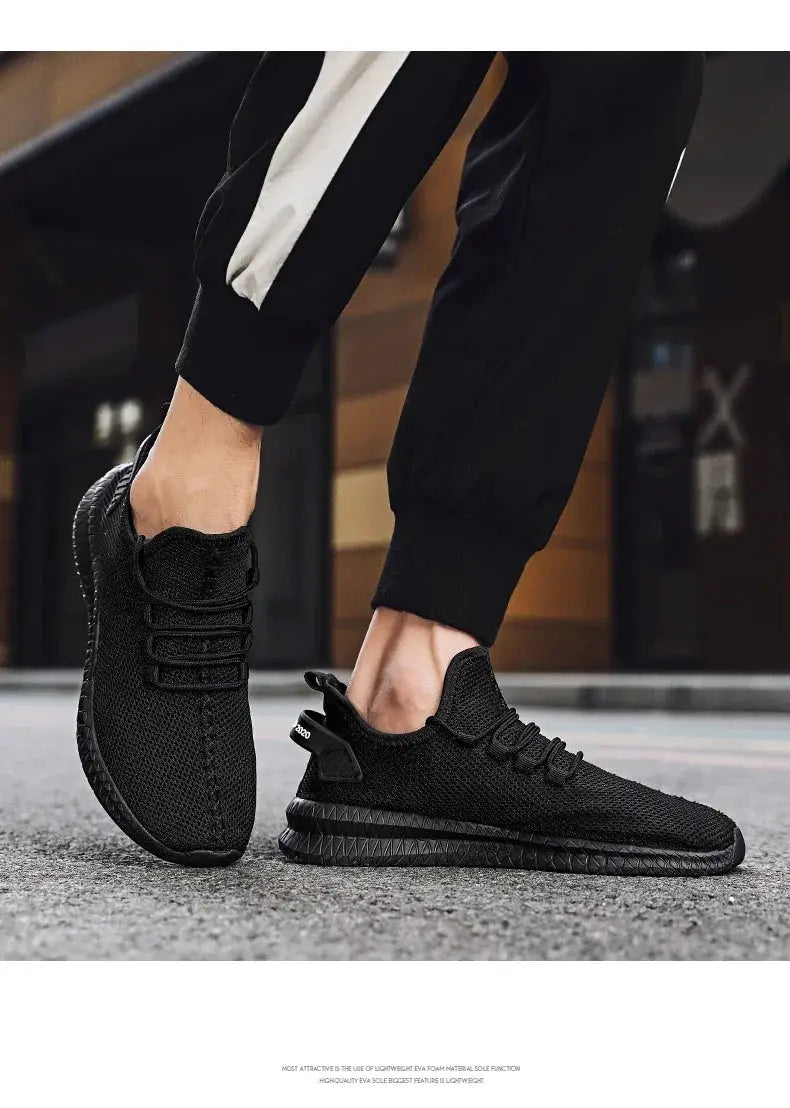 Men's black knit non-slip casual sneakers by Simples Market with lace-up design, breathable mesh upper and rugged sole