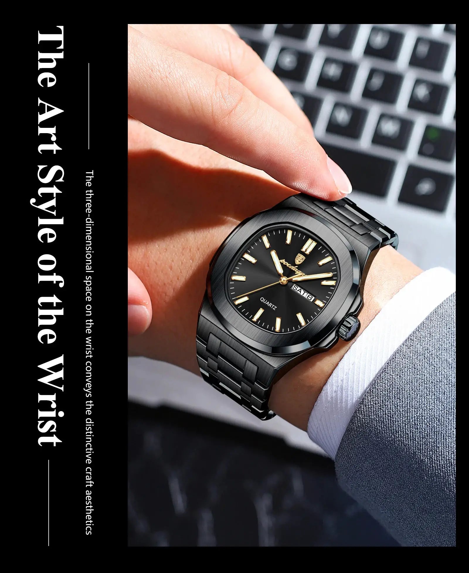 POEDAGAR luxury square men’s wristwatch by Simples Market, stainless steel band, black dial with gold-tone markers.