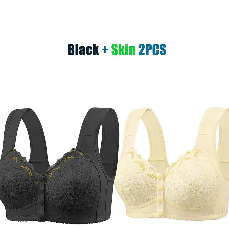 Simples Market soft cotton lace front-buckle bra set, black and beige, 2pcs, XL, thin cups, no underwire