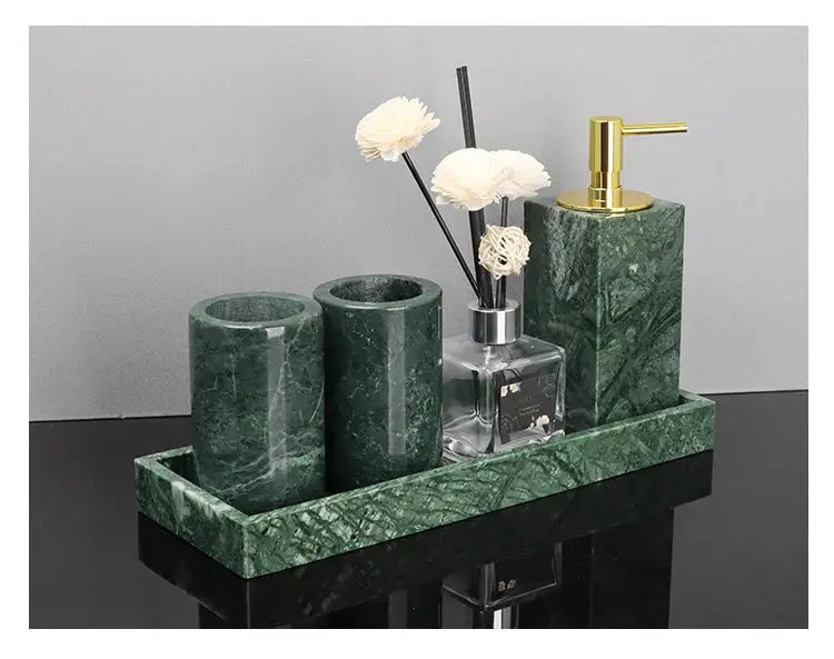 Indian green natural marble bathroom set on a green marble tray with soap dispenser, soap dish and toothbrush holder