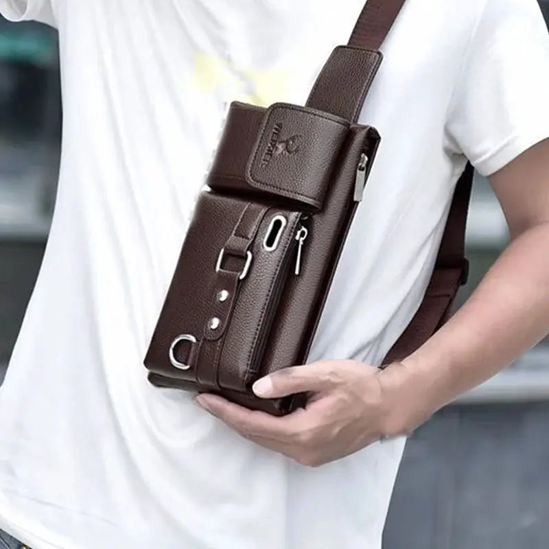 Daily Wear brown PU leather crossbody fanny bag by Simples Market with multiple pockets