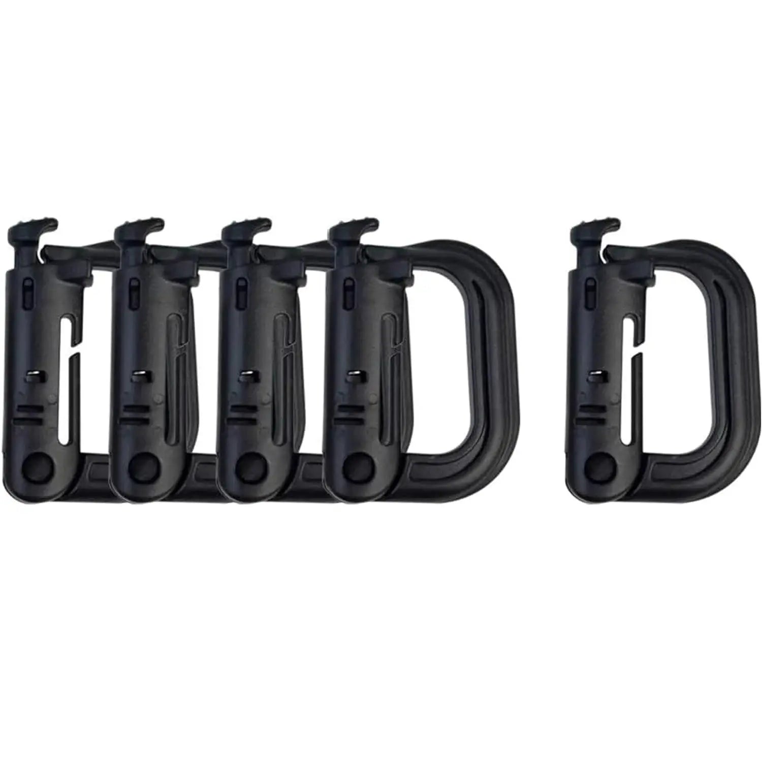 Simples Market six-pack tactical D-ring carabiners, black plastic Grimlock locking MOLLE clips for outdoor use