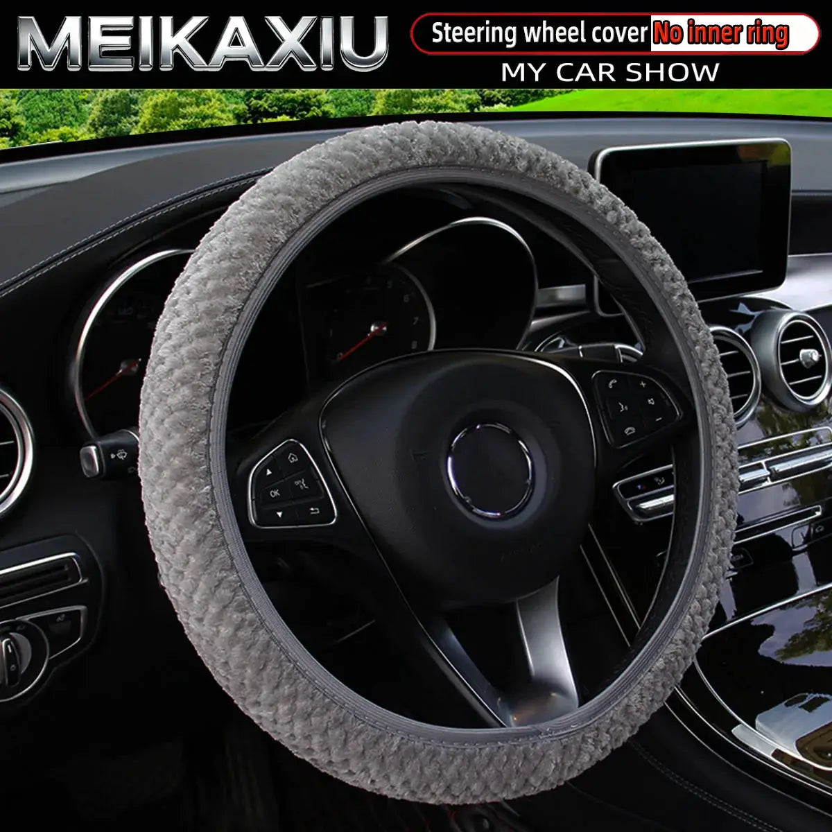 Simples Market Women's Winter Plush Steering Wheel Cover, grey short-fur, elastic, no inner ring