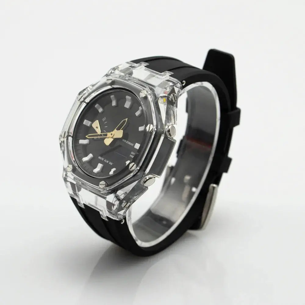 Transparent watch case mod kit with black rubber strap for Casioak GA2100/GA2110