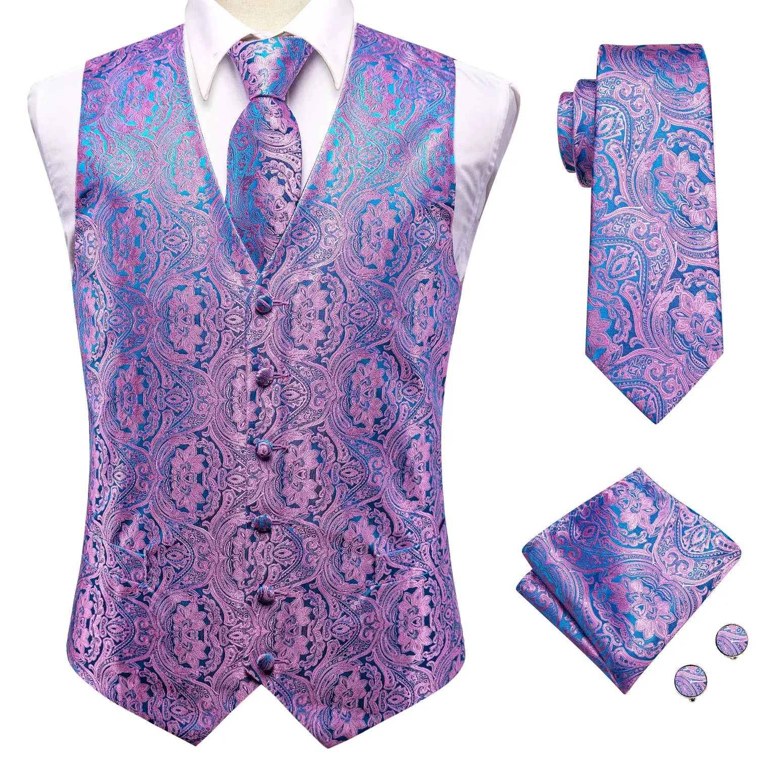 Men's wedding vest set in purple and pink paisley; includes waistcoat, tie, pocket square, and cufflinks (4 pieces)