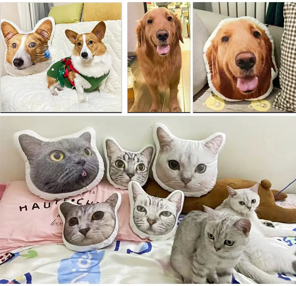 Photo Custom Shape Pillow Case set by Simples Market; dog and cat face cushions for sofa or car