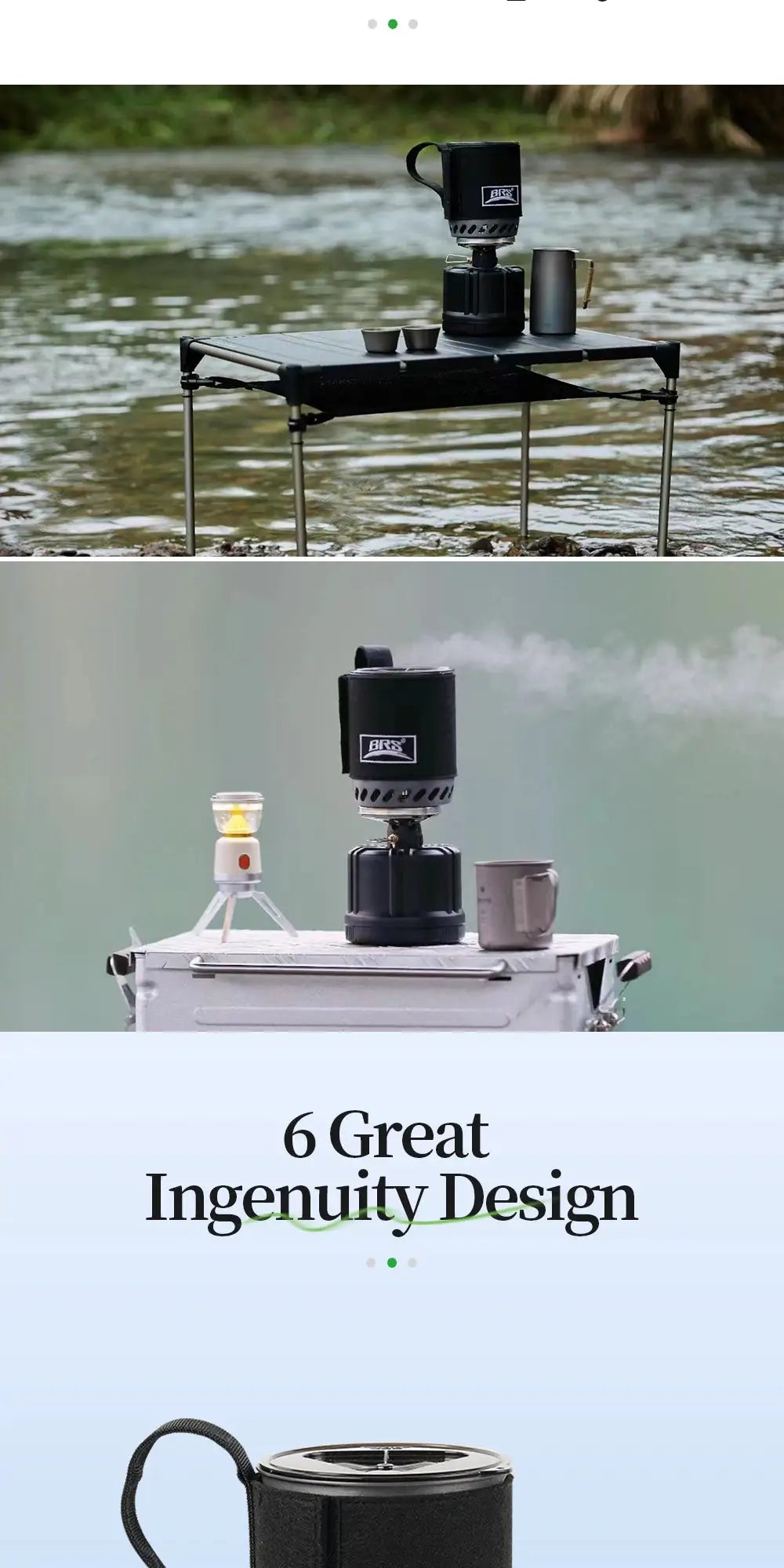 BRS-61 camping stove system with black ultralight burner and pot on a portable outdoor table