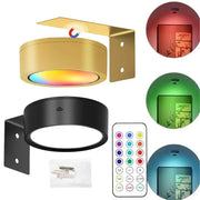 LED RGB wall picture light set of 2 by Simples Market, battery powered, dimmable with remote; gold and black mounting brackets.
