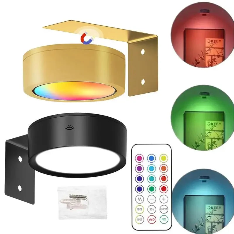 LED RGB wall picture light set of 2 by Simples Market, battery powered, dimmable with remote; gold and black mounting brackets.