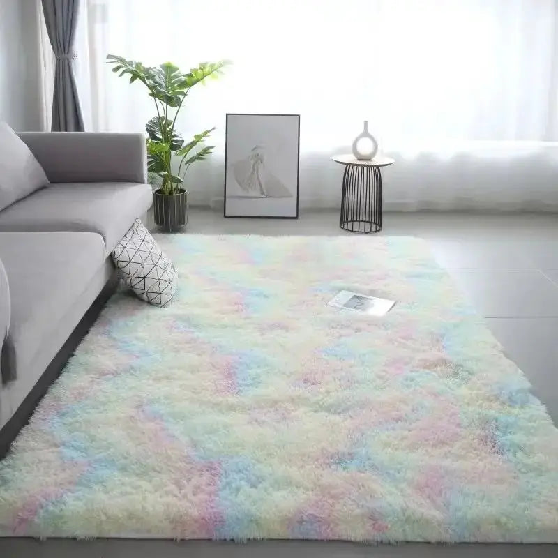 VIKAMA silk-wool tie-dye rug for living room, pastel colors, fluffy texture, washable.