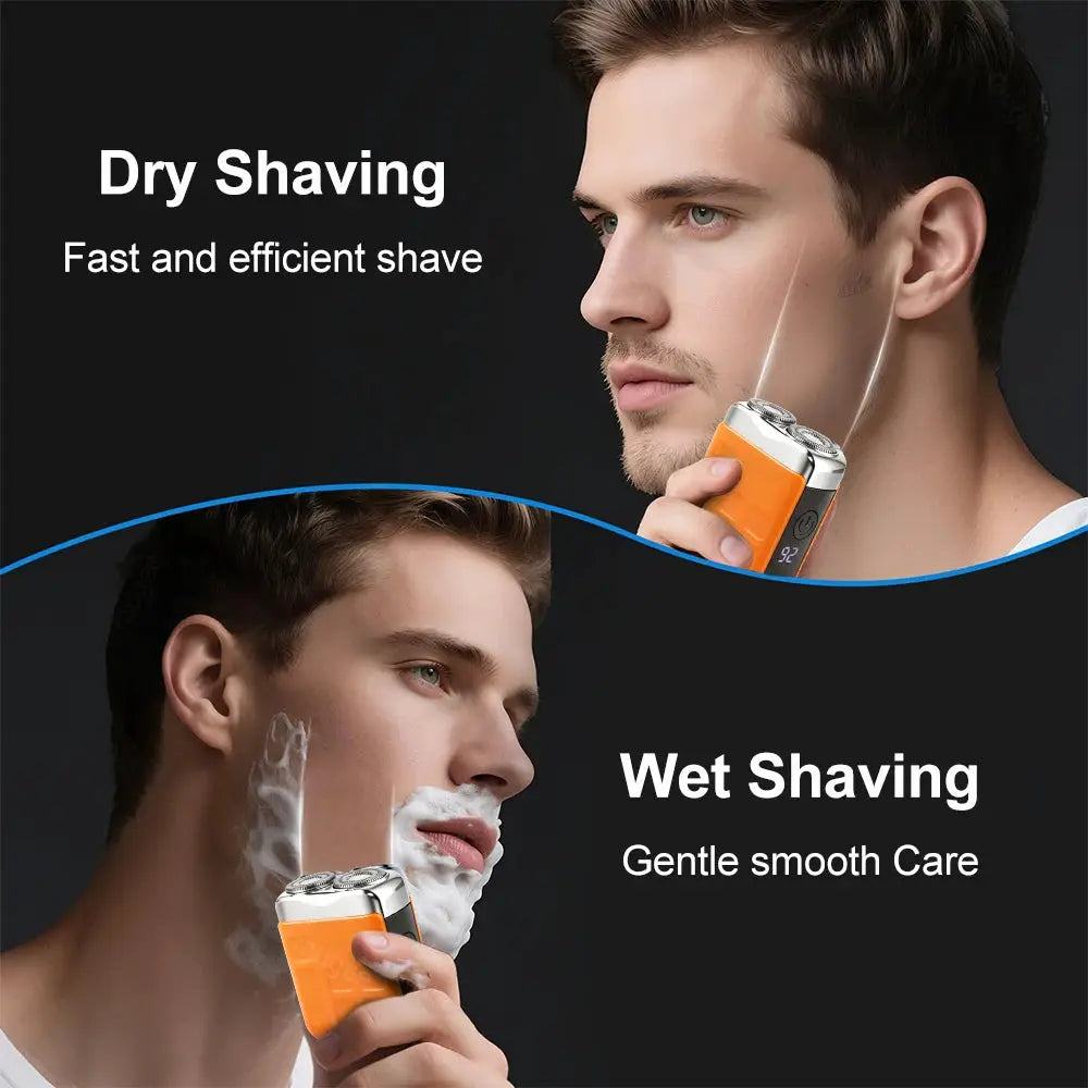 Simples Market electric shaver for men, orange portable mini razor with dual blades, rechargeable.