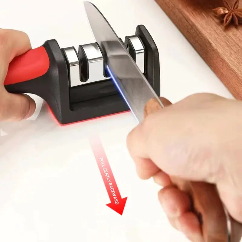 Kitchen Three Quarter Segment Knife Sharpener Stainless Steel Hand Held Sharpening Stone Black