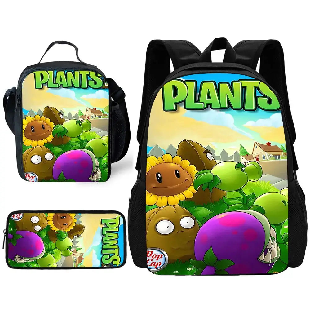 Plants vs Zombies kids school backpack set of 3 with lunch bag and pencil case, colorful cartoon characters