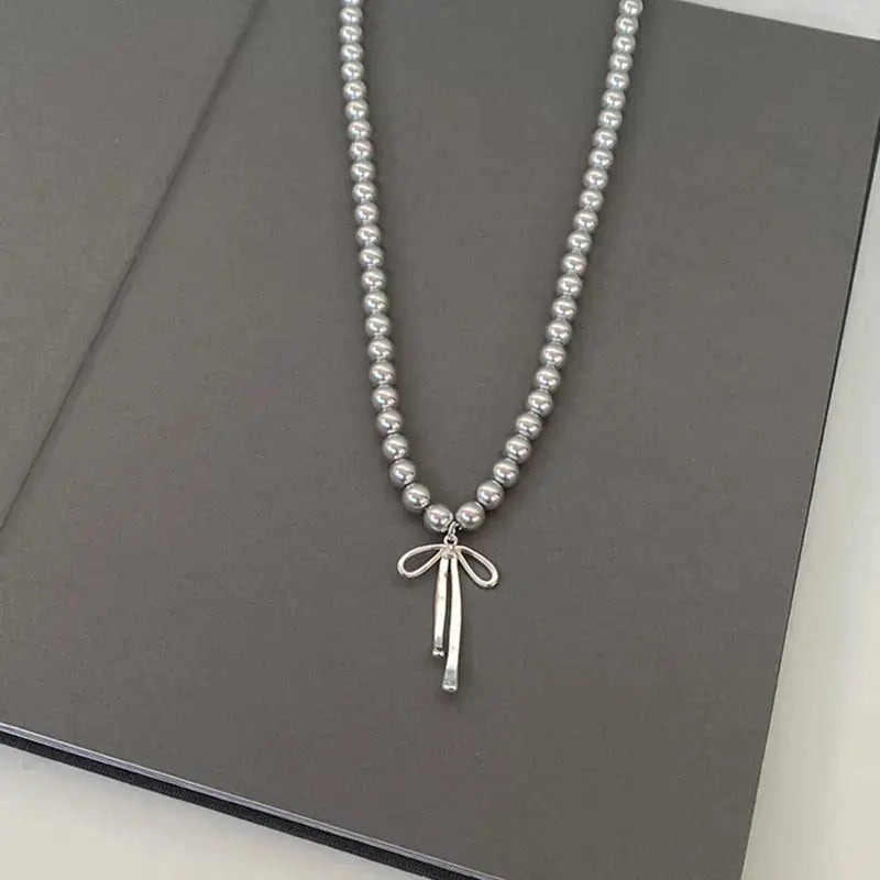 Fashionable Pearl Bowknot Choker Necklace With Gray Pearls For Women Jewelry Accessories