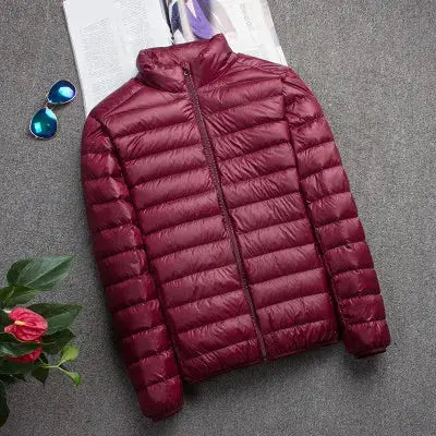 Men's burgundy puffer down jacket with front zipper, slim fit
