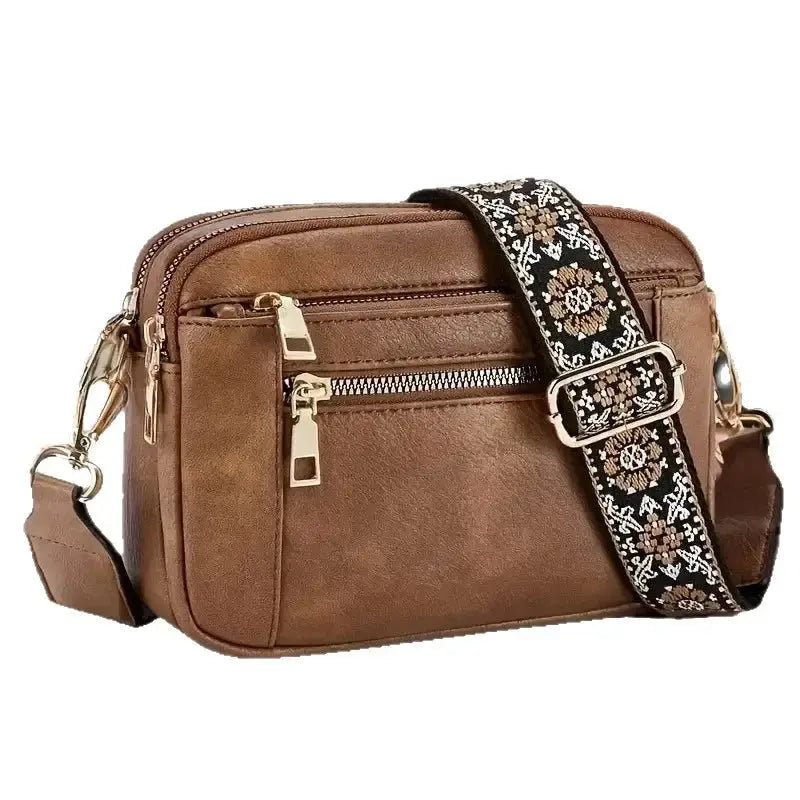 Simples Market retro small brown crossbody bag with gold zippers and floral-pattern strap