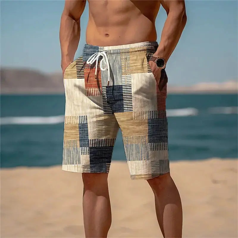 Men's multicolor patchwork board shorts by Simples Market, quick-dry beach swim trunks.