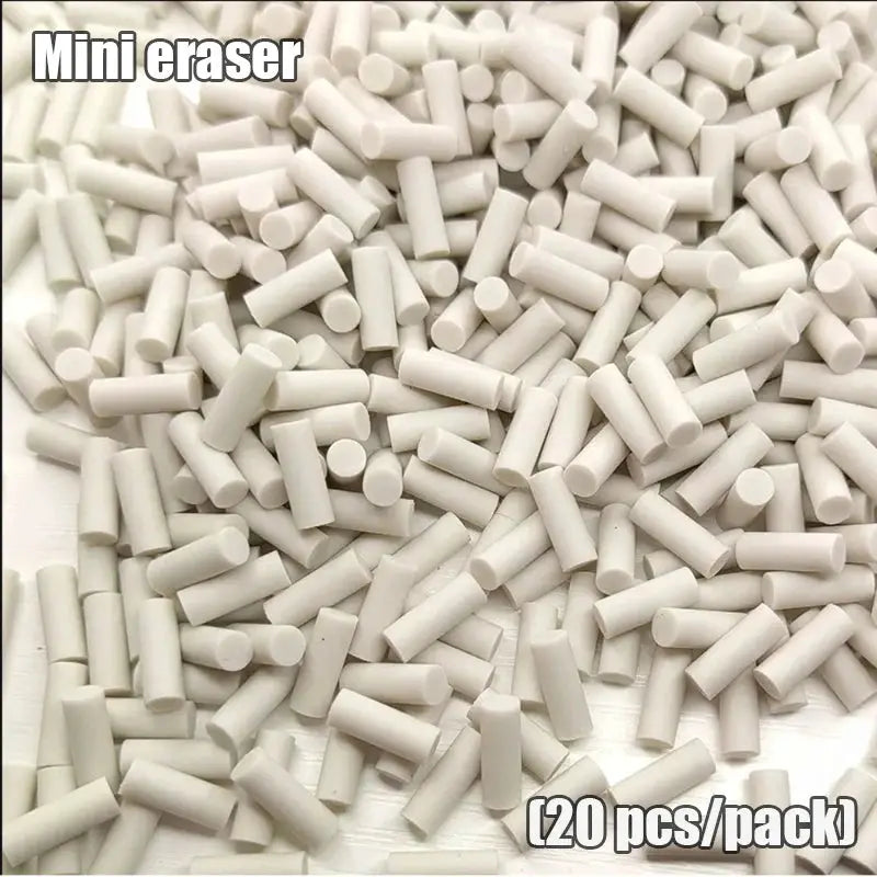 Mini erasers, white cylindrical pieces, 20 pcs per pack
