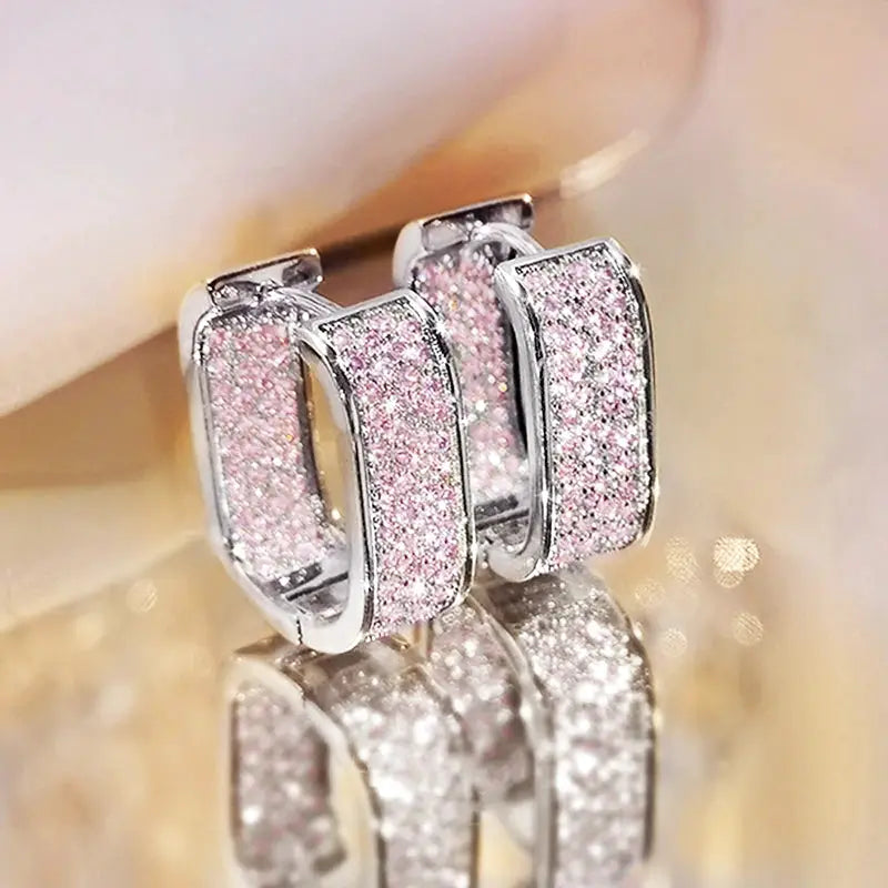 Huitan Korean Fashion Paved CZ Hoop Earrings for Women Silver or Gold Color Versatile Copper Alloy
