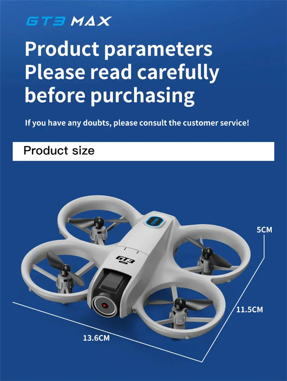 Drone GT3 MAX by Simples Market; white quadcopter with circular propeller guards and front camera, 13.6×11.5×5 cm