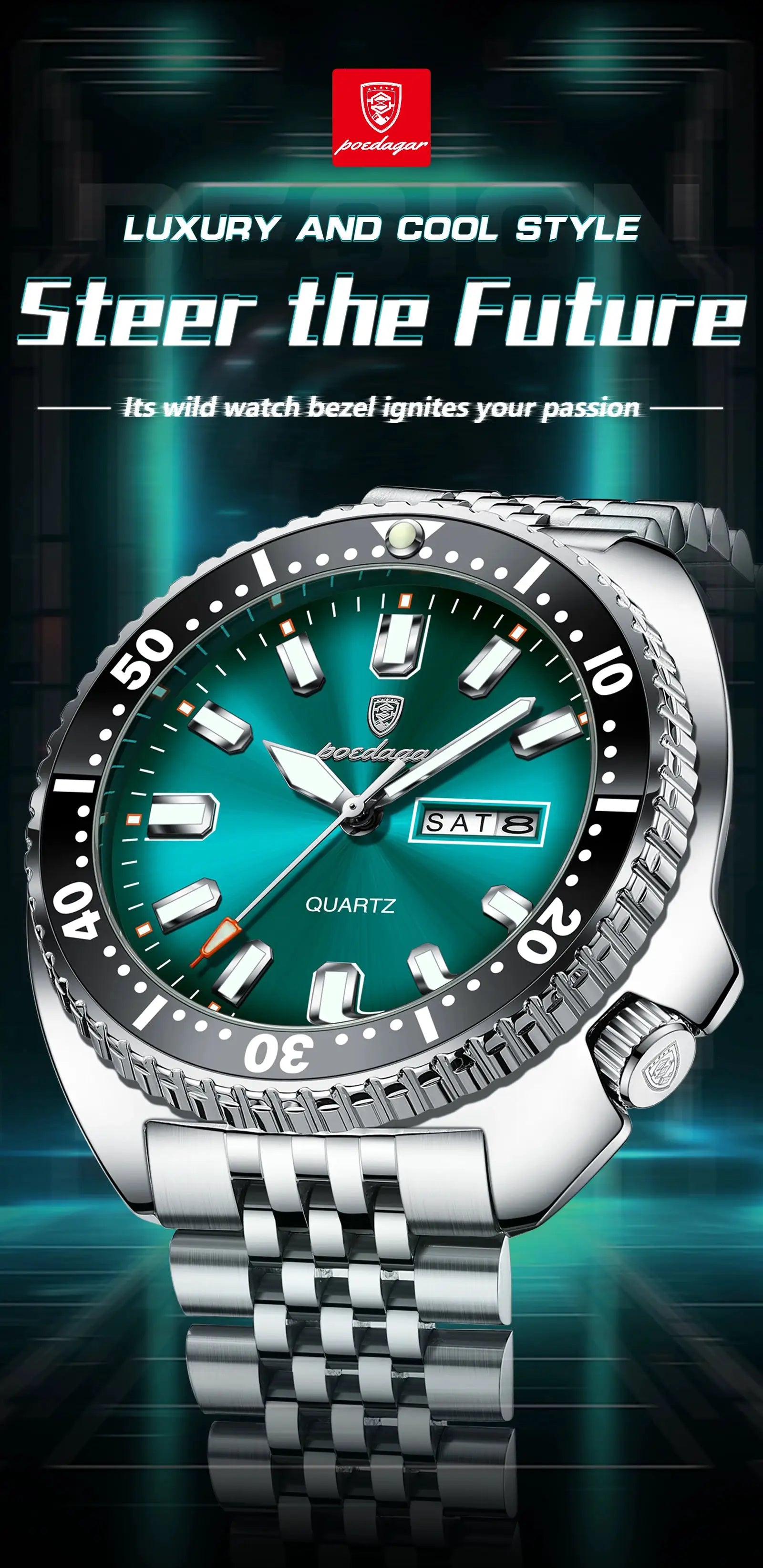 POEDAGAR men's luxury stainless steel wristwatch with teal dial, date and day window, quartz