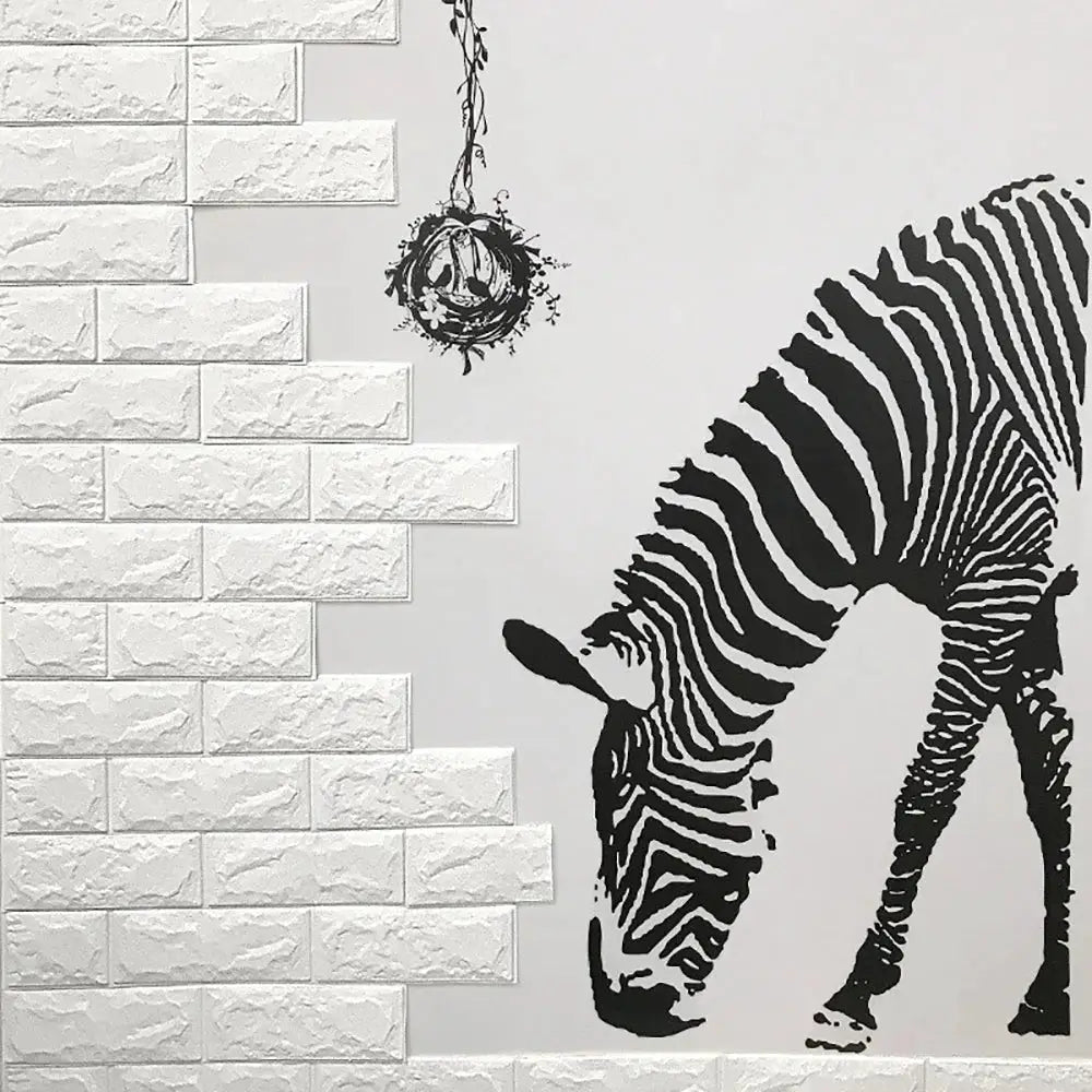 3D brick-pattern wallpaper and zebra wall art on white background (2 items)