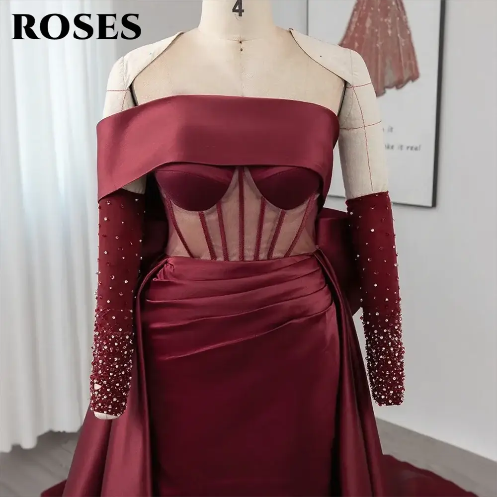 Roses Burgundy Mermaid Prom Dress One Shoulder Beading Bow Sleeve