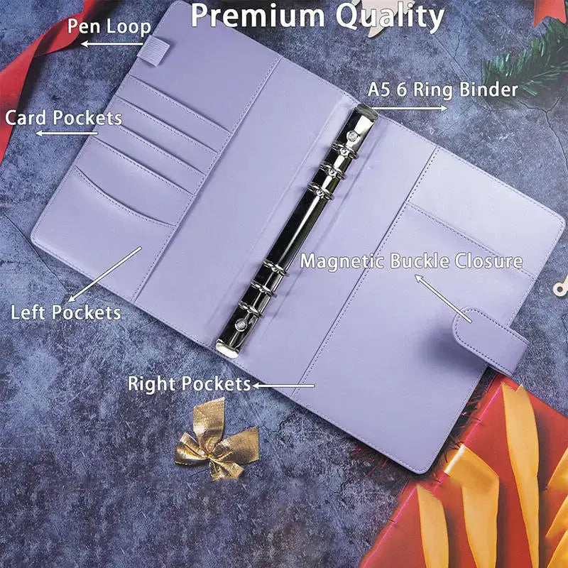 Simples Market A5 PU leather binder with 6-ring rings, purple, magnetic buckle closure and card pockets