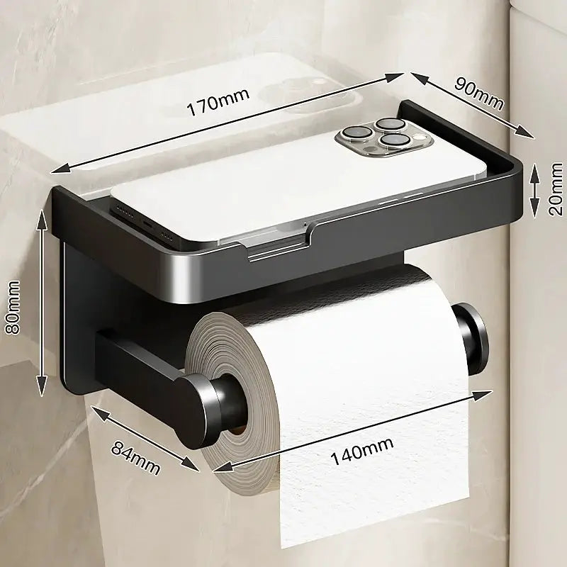 Aluminum alloy wall-mounted toilet paper holder with top shelf for phone; black finish