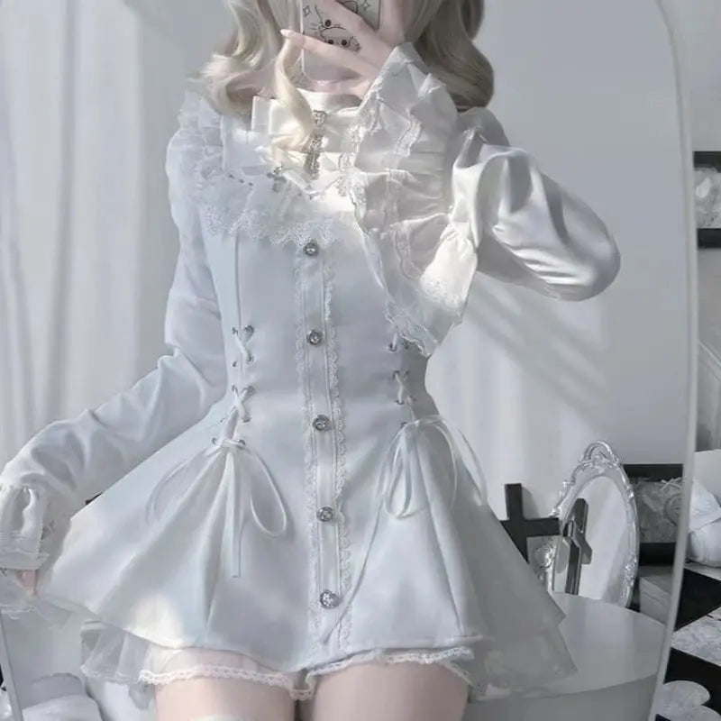 Japanese Gothic Lolita Dress Set Women Harajuku Y2K Bow Lace Ruffles