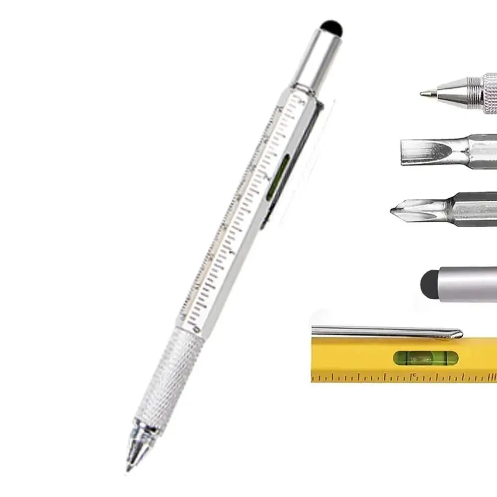Silver universal stylus pen with built-in ruler along the body and interchangeable tool tips.