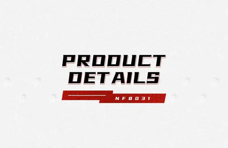 Product details banner with bold black lettering and red stripe on white textured background