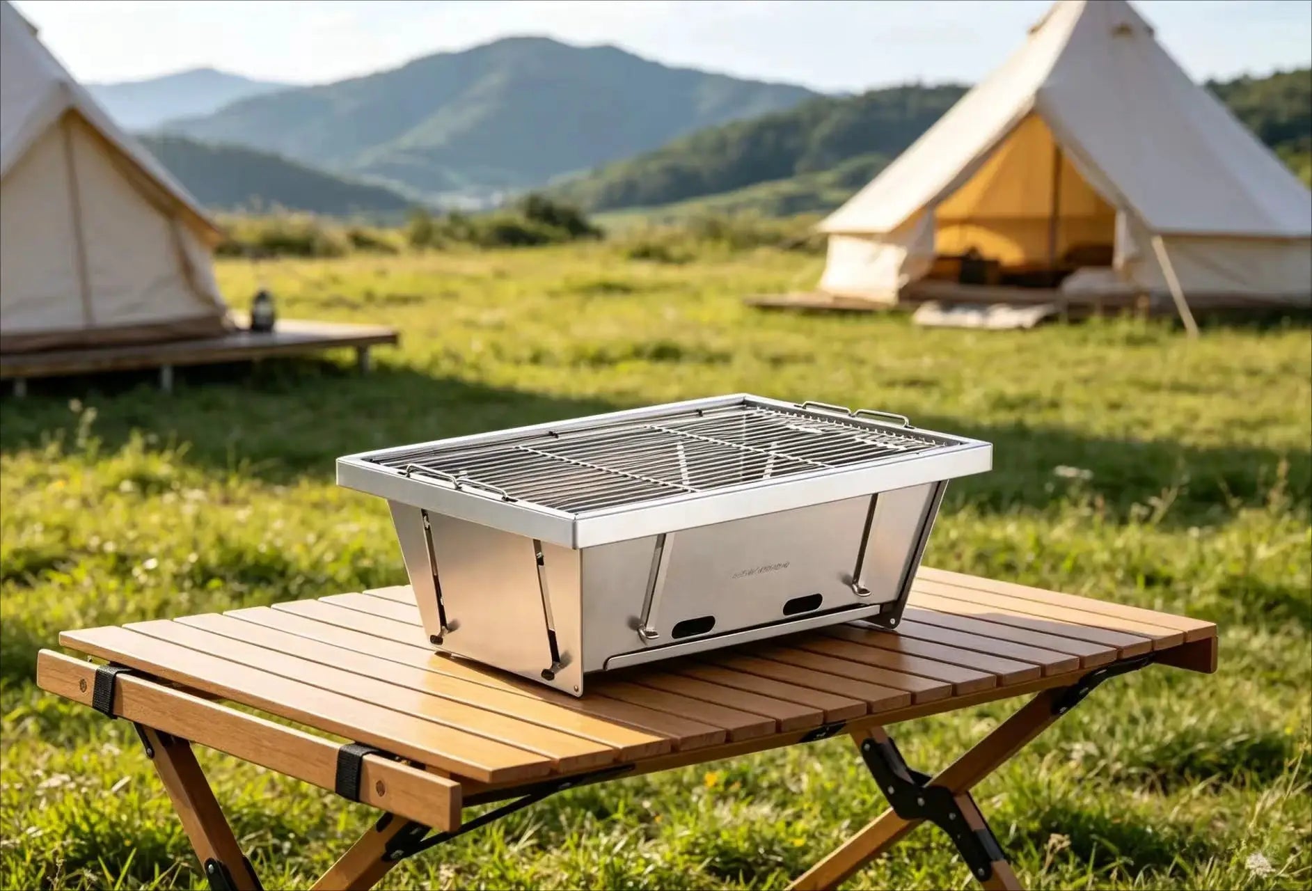 MOUNTAINHIKER 304 stainless steel portable barbecue grill on folding wooden table at a campsite Simples Market