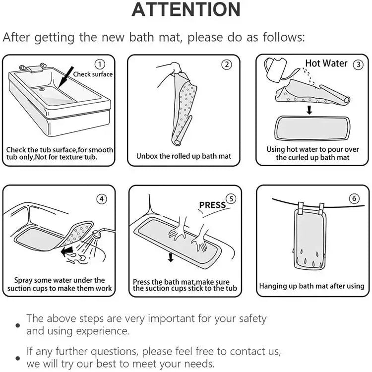 PVC non-slip bath mat with suction cups and drain holes; 6-step diagram for unboxing, mounting, rinsing, and hanging.