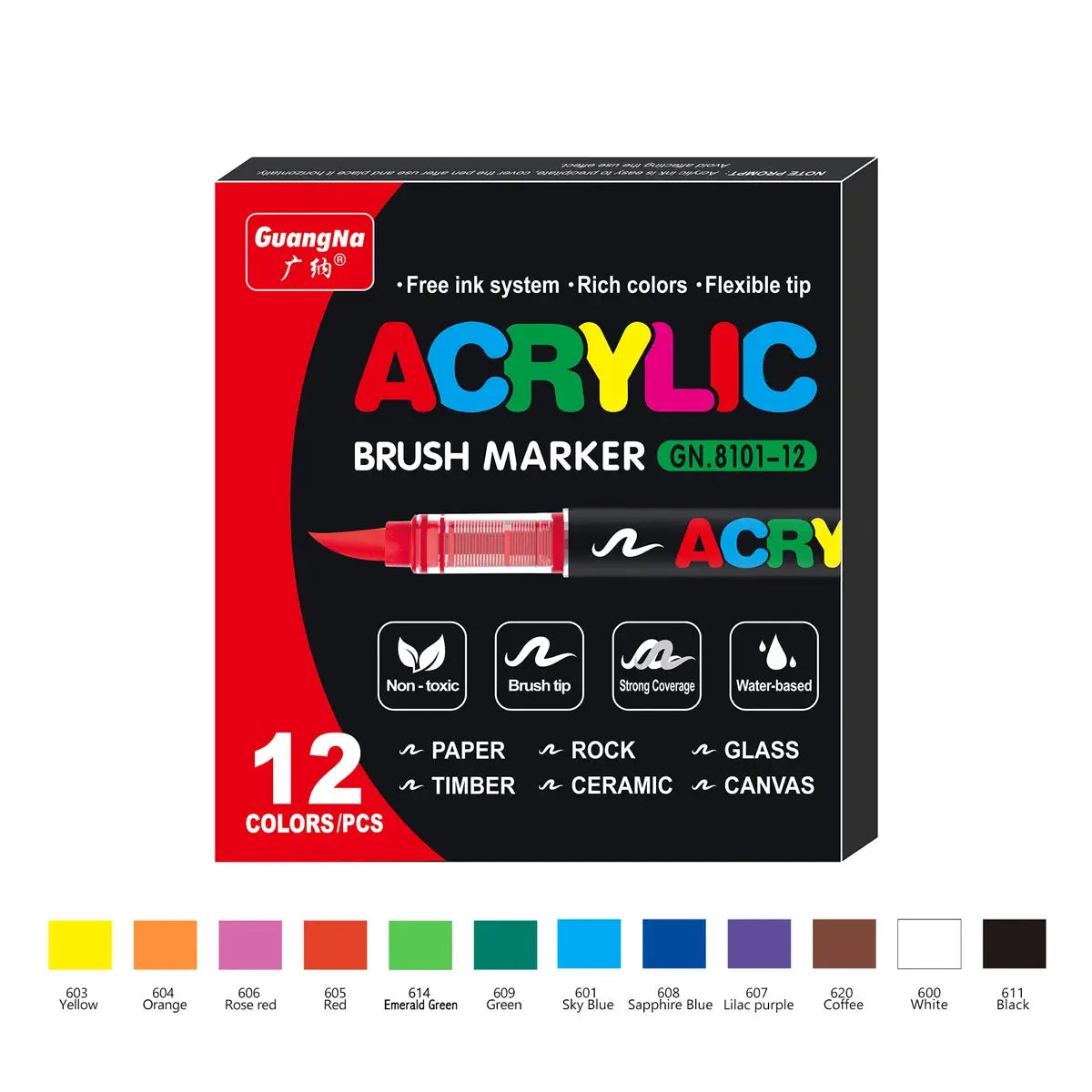 Acrylic brush marker set, 12-color waterproof with soft brush nib by GuangNa for glass, stone, metal, wood and paper