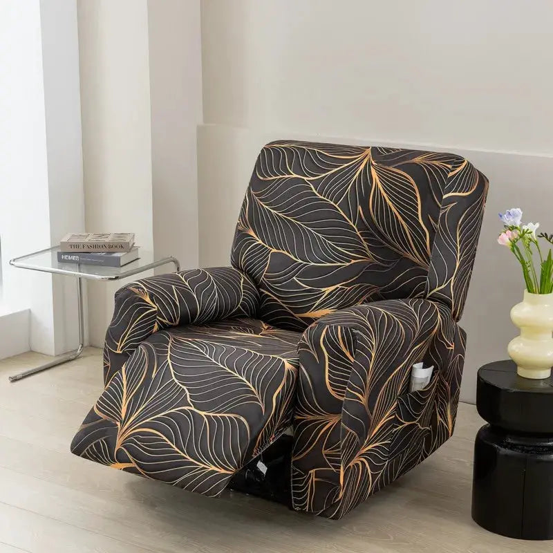 Recliner chair cover in dark brown with gold leaf pattern, stretch fabric fits one-seat recliner.