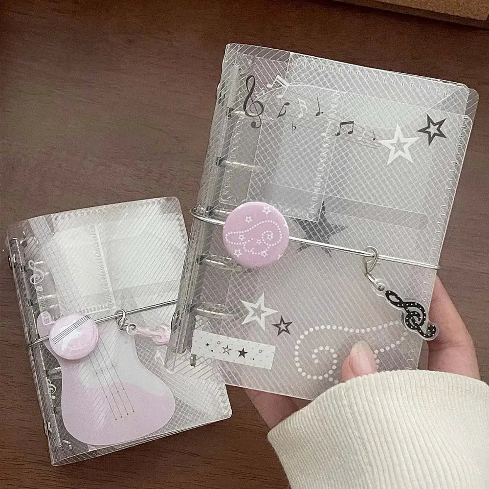 M5 size music-theme binder notebook scrapbook, clear PP twill tri-fold with tie closure, pink charms (2-pack)