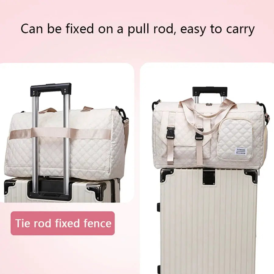 Durable nylon travel duffle bag by Simples Market, beige quilted, front pocket, shown attached to a suitcase.