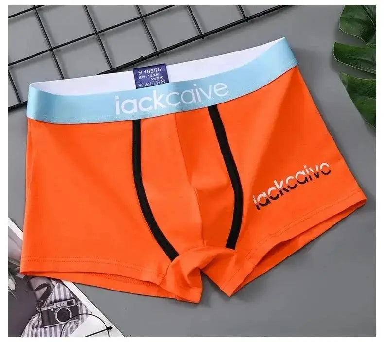 Men's orange cotton boxer briefs with light blue waistband and black trim; jackcaive logo.