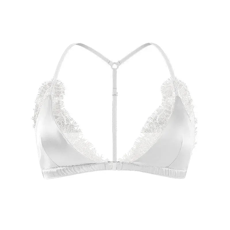 Birdtree white lace bralette with wireless triangle cups and front closure