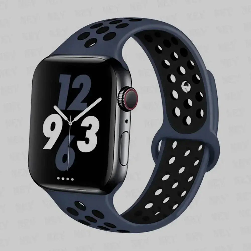 Silicone sport strap for Apple Watch by Simples Market; navy blue perforated band