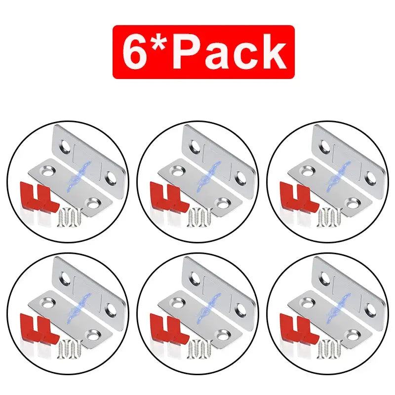 Simples Market six-pack magnetic cabinet catches with metal brackets, screws, and red mounting clips.