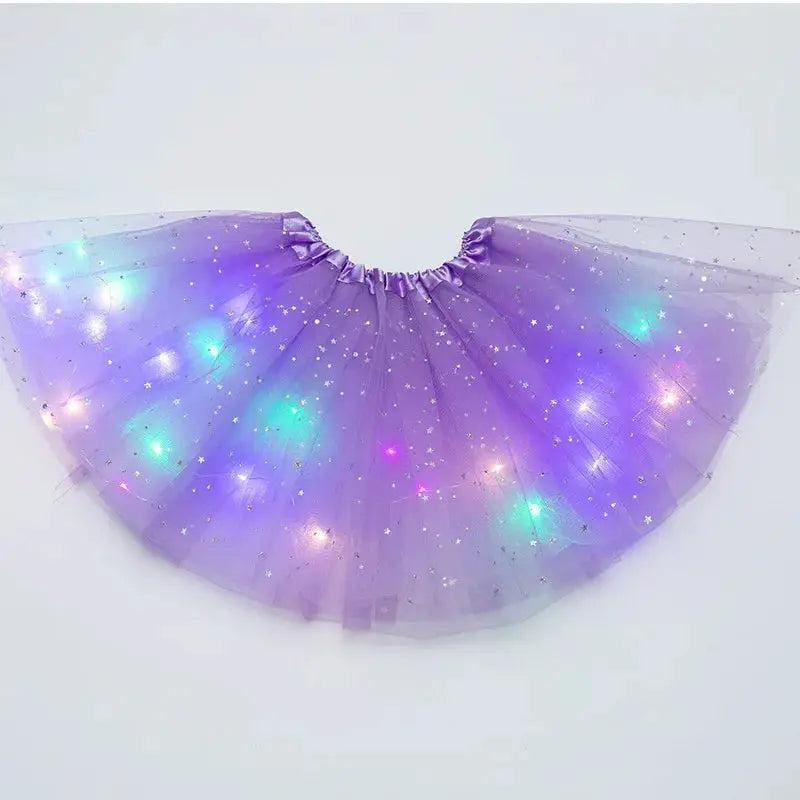 LED glowing tulle star skirt by Simples Market, purple mini ballet-style tutu with built-in lights