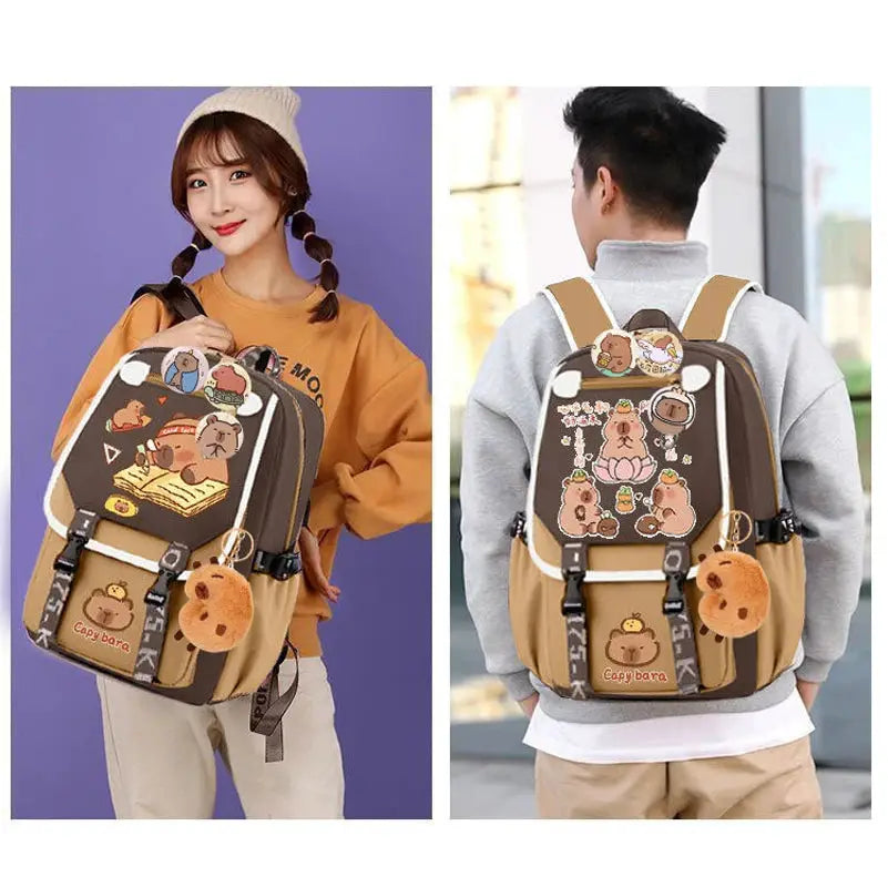 Kawaii Capybara khaki kids backpack, Simples Market school bag shown from front and back with cartoon patches