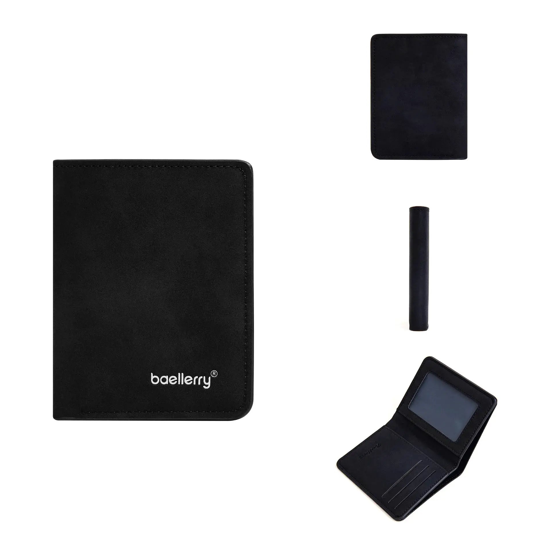 Black sanded-leather wallet set with multiple card slots; includes bifold and compact card holder, baellerry