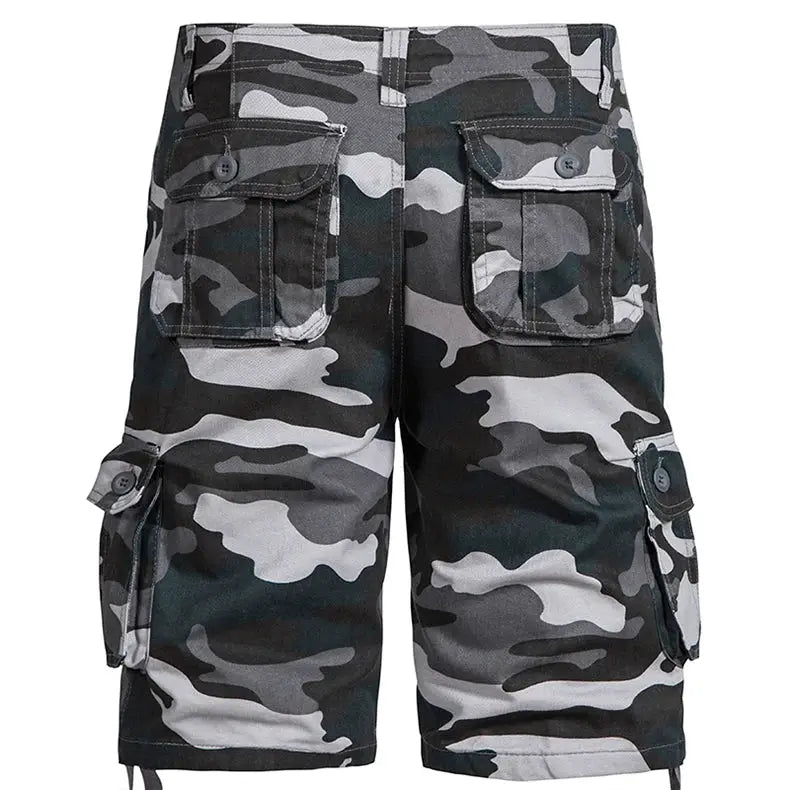 Men's camouflage cargo shorts by Simples Market, cotton, gray camo with multiple pockets