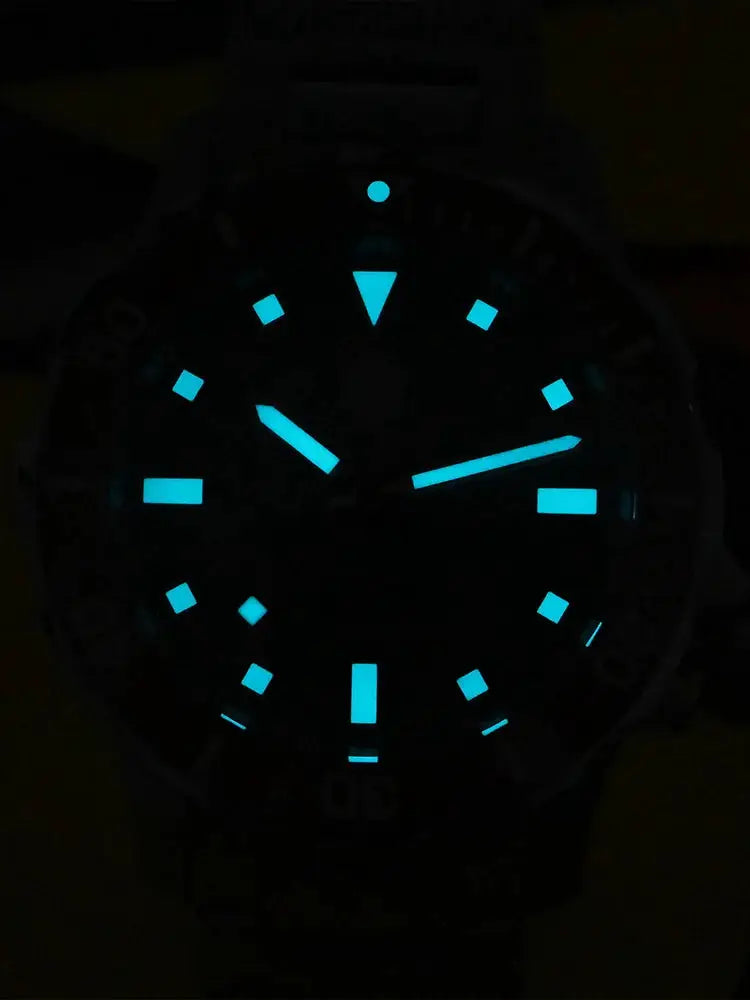 San Martin Original Design Diver watch with luminous blue hands and markers on dark dial.