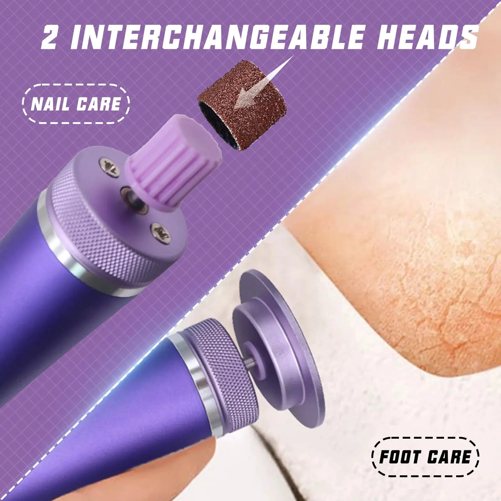 USB rechargeable electric foot callus remover in purple with 2 interchangeable heads