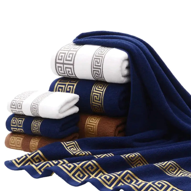 Simples Market 2-piece embroidered cotton bath towel set in assorted colors with gold Greek key border